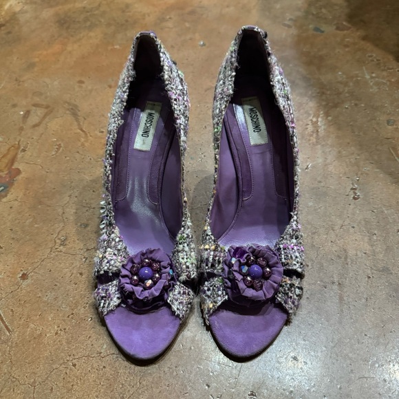 Vintage 90s Moschino purple tweed peep toe kitten heels IT 40 - Picture 4 of 7